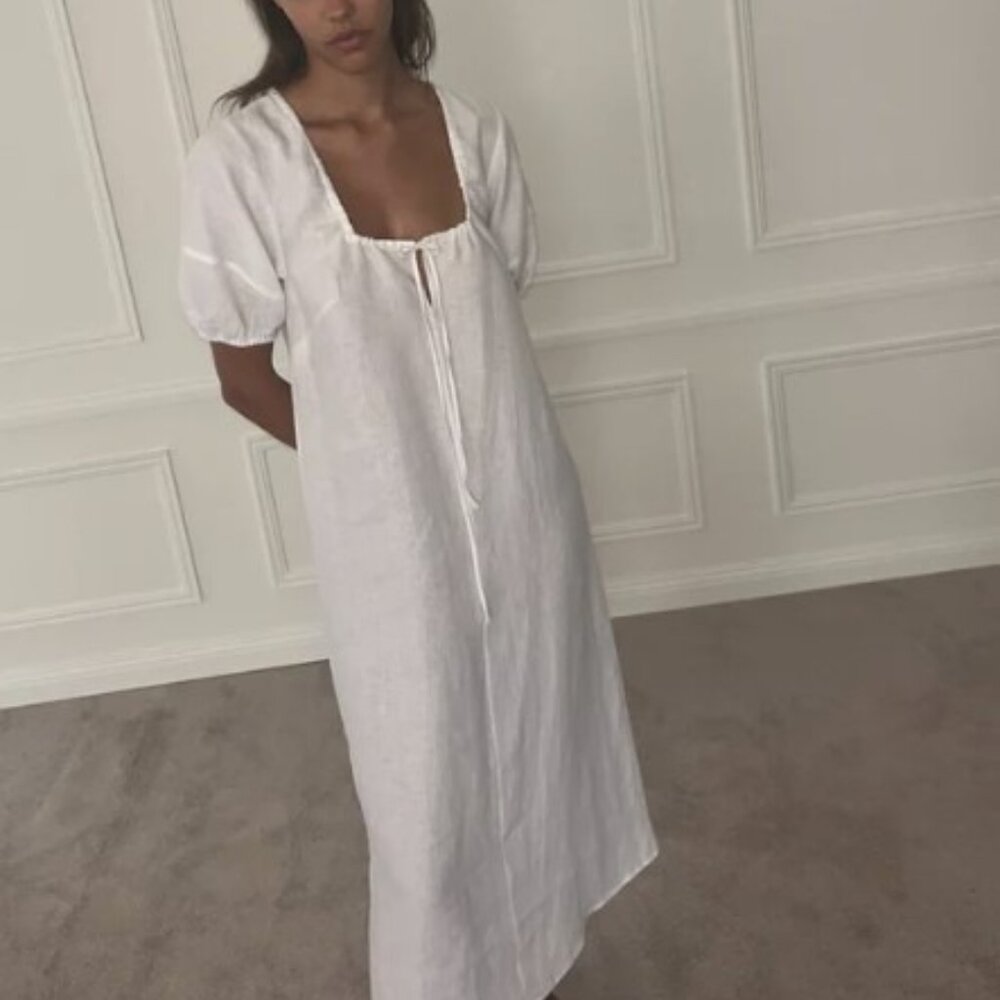 White Midi Tie-Front Linen Dress
